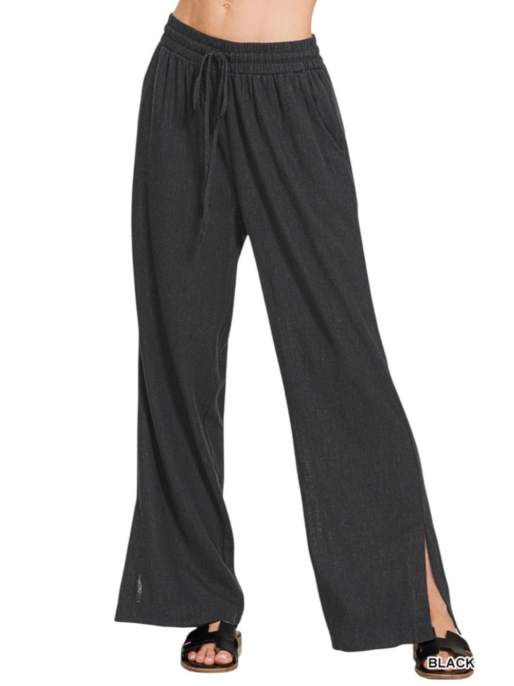 Zenana Black Linen Drawstring Pant with pockets